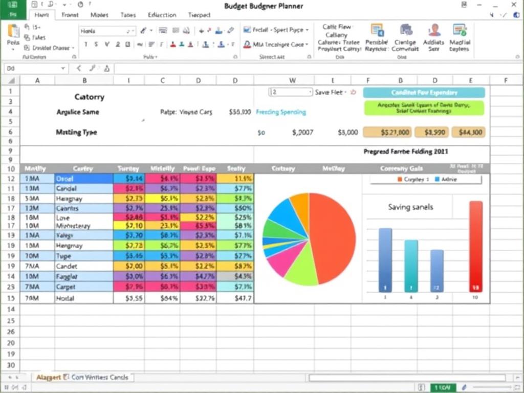 Budget planner spreadsheet template showing expense tracking, savings goals, and financial visualization charts