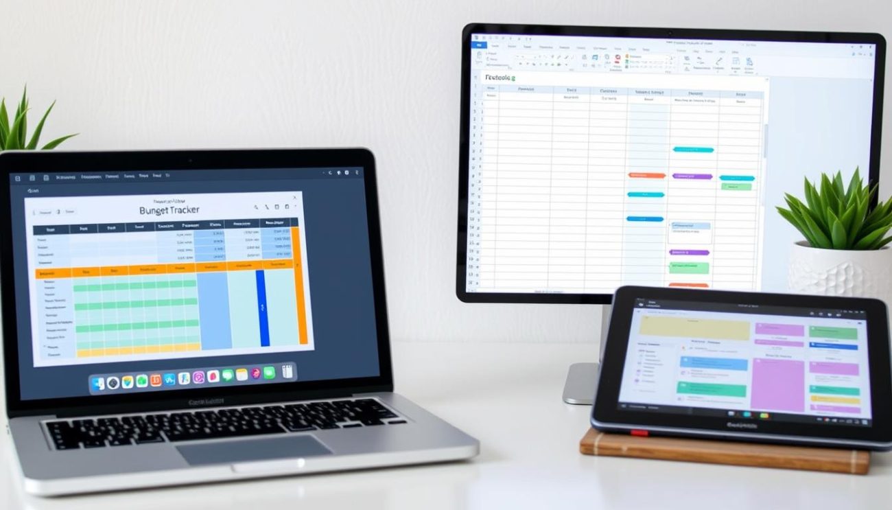Digital planner spreadsheet templates displayed on laptop and tablet screens showing budget trackers and goal planners