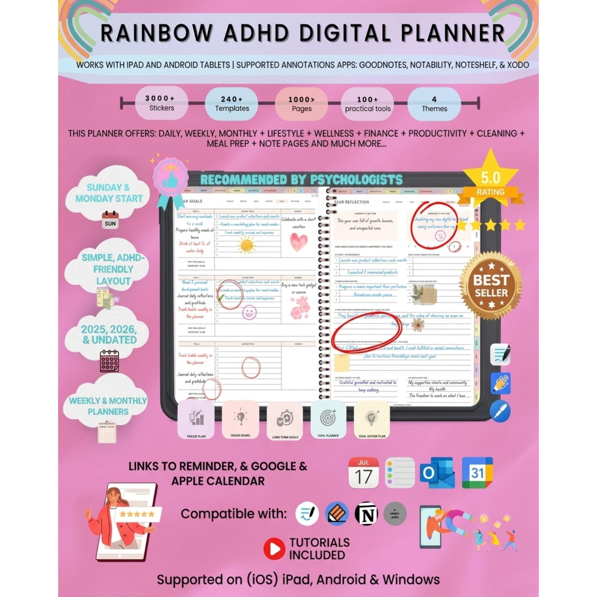 il_fullxfull.7535994314_m4hu.jpg ADHD Digital Planner, Rainbow ADHD Planner 2026 2027 2028, GoodNotes Planner, Daily, Weekly & Monthly Planner, Hyperlinked, Instant Download - Image 1