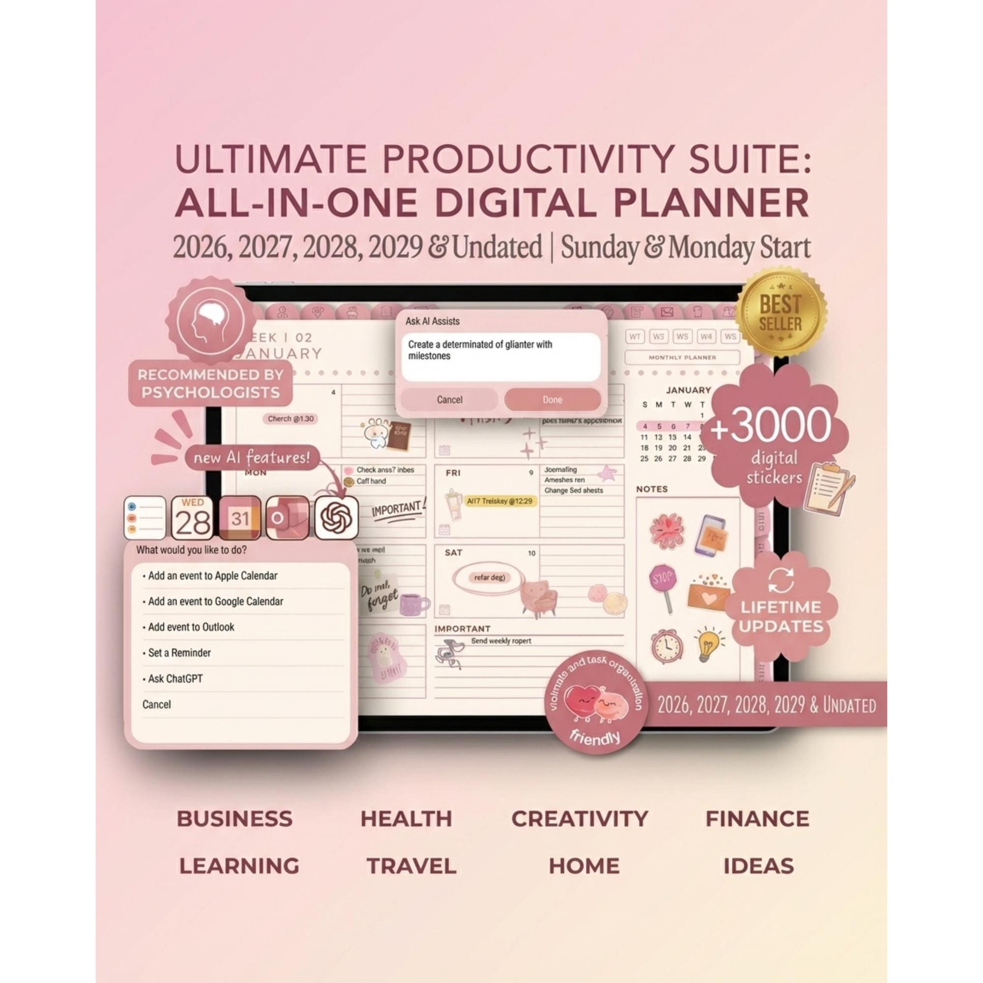 il_fullxfull.7537335958_qqec.jpg iPad Digital Planner 2026, Hyperlinked All-in-One, ADHD Friendly, Calendar, Daily Weekly Monthly, Goodnotes, Digital Download, Goal Setter - Image 1