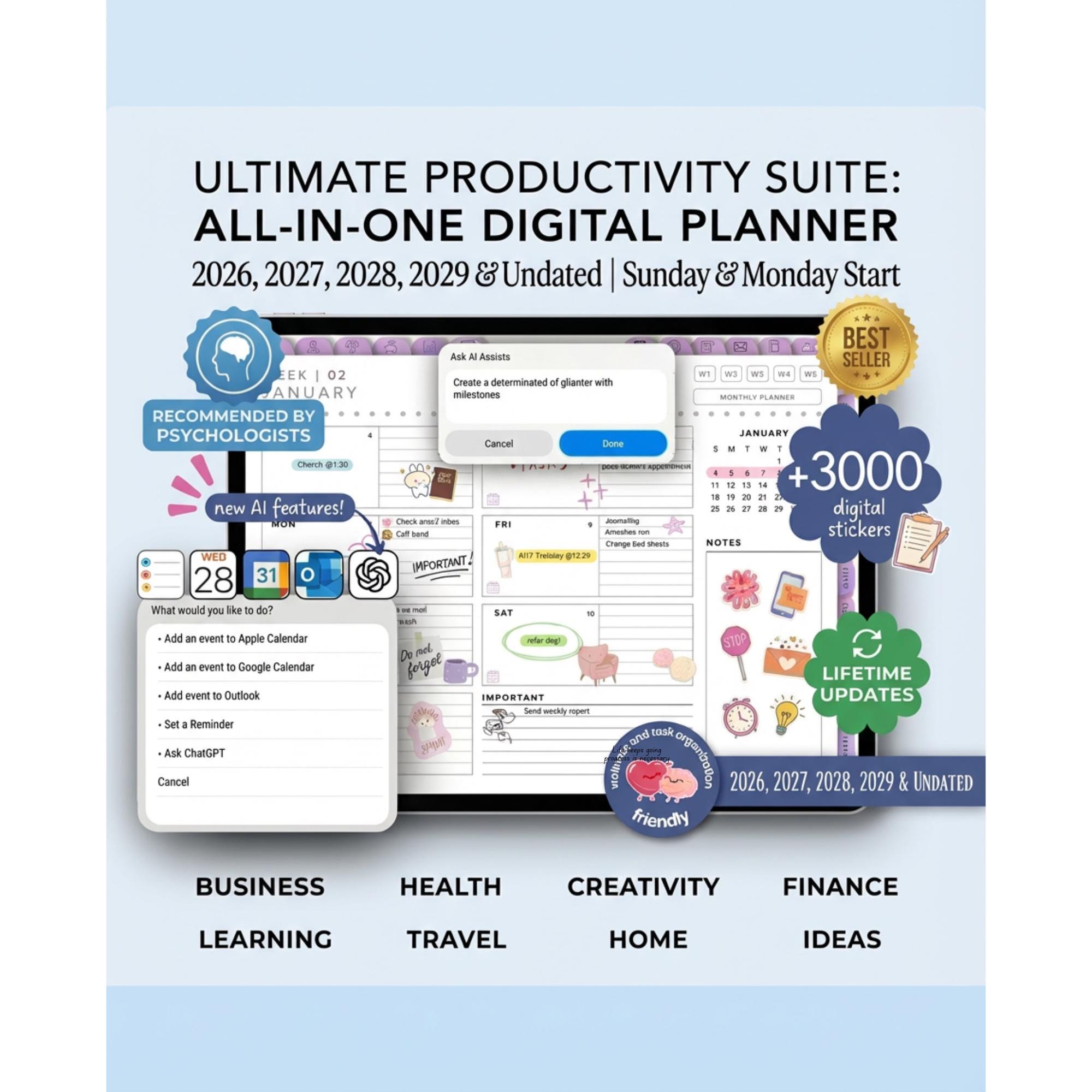 il_fullxfull.7585080367_2nxb.jpg All-In-One Digital Planner 2026 2027 2028, Daily Weekly Monthly iPad GoodNotes Planner, Hyperlinked ADHD Friendly Planner, iPad Planner - Image 1