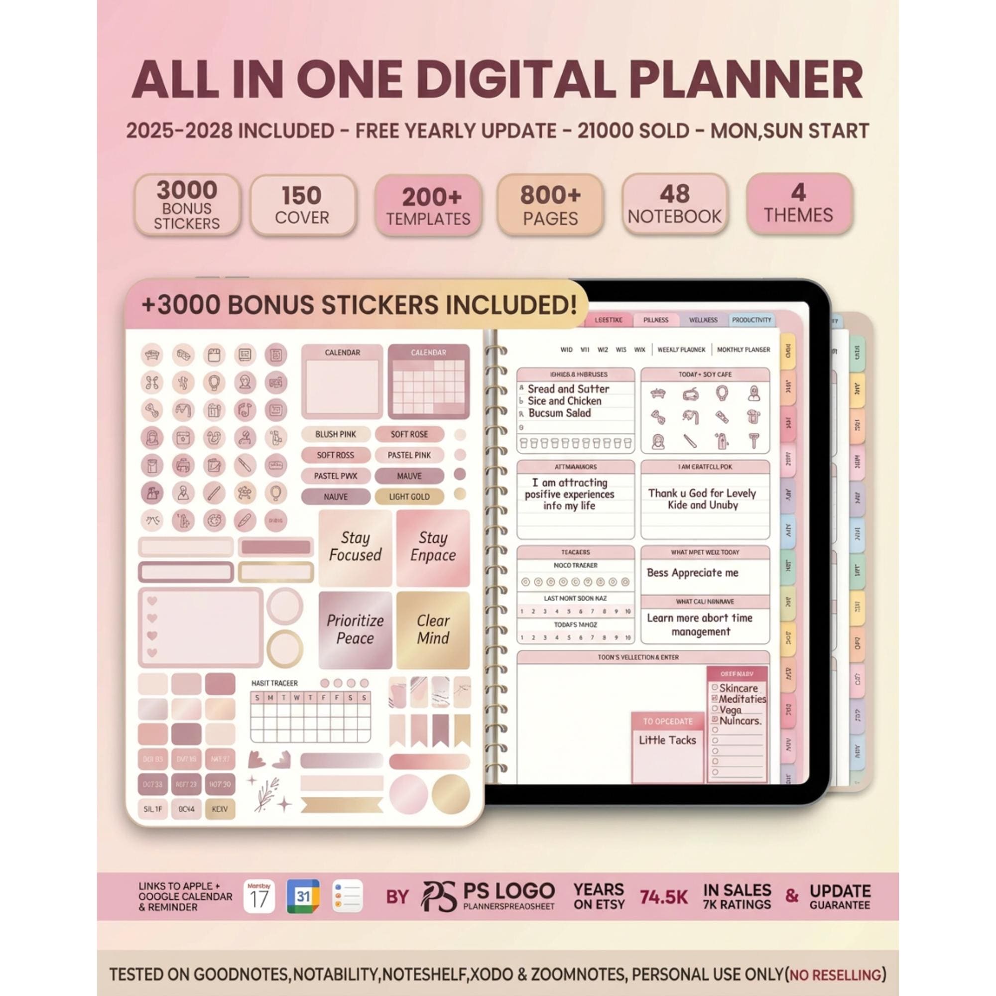 il_fullxfull.7585273827_1jwl.jpg All-in-One Friendly Digital Planner 2026 2027 2028, Aesthetic iPad GoodNotes Planner, Daily Weekly Monthly Hyperlinked Planner, iPad Planner - Image 1
