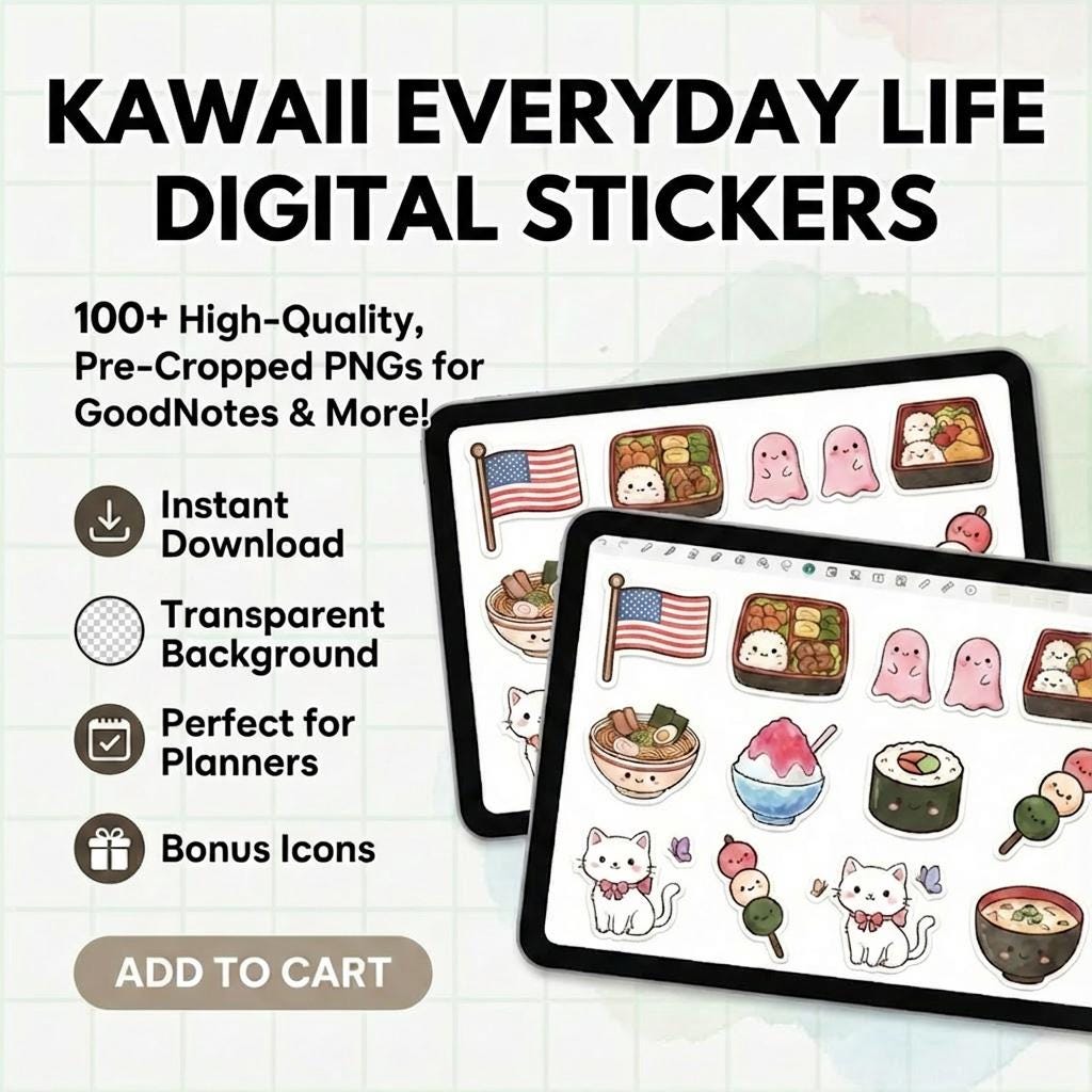 il_fullxfull.7602779781_3w02.jpg Everyday Life Digital Stickers for Planners, 100 Kawaii Stickers for GoodNotes, Daily Life & Aesthetic Planner Stickers (Instant Download) - Image 1