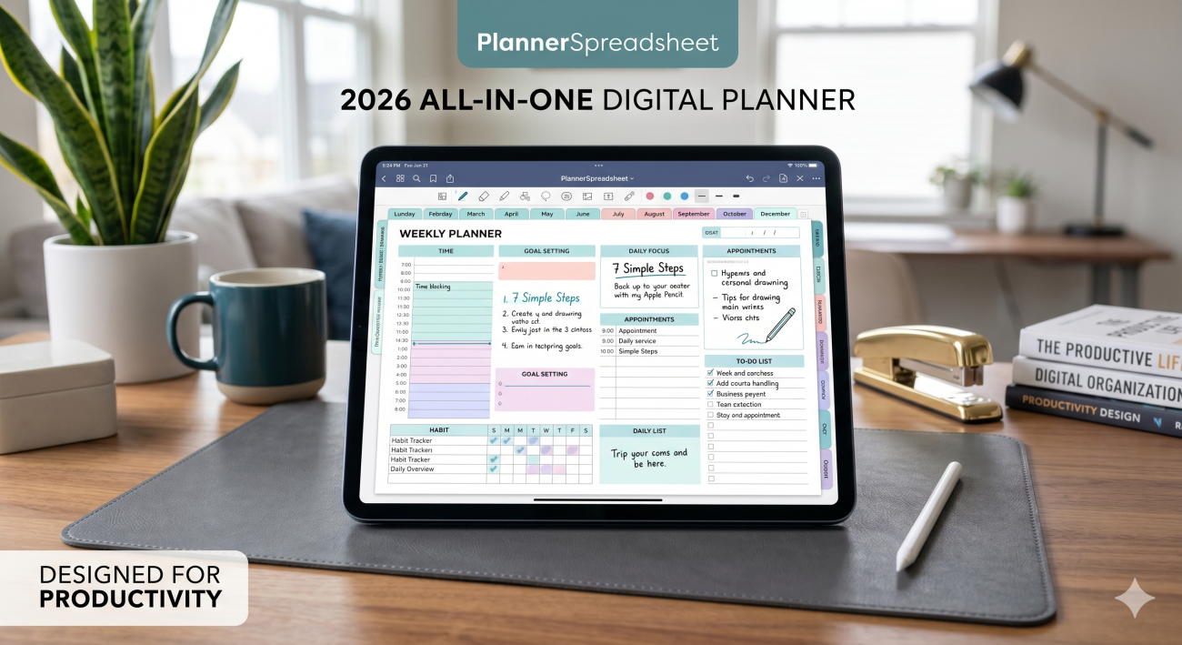 A step-by-step tutorial layout showing how to use a digital planner on an iPad screen for daily time blocking, goal setting, and habit tracking in 2026.