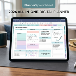 A step-by-step tutorial layout showing how to use a digital planner on an iPad screen for daily time blocking, goal setting, and habit tracking in 2026.
